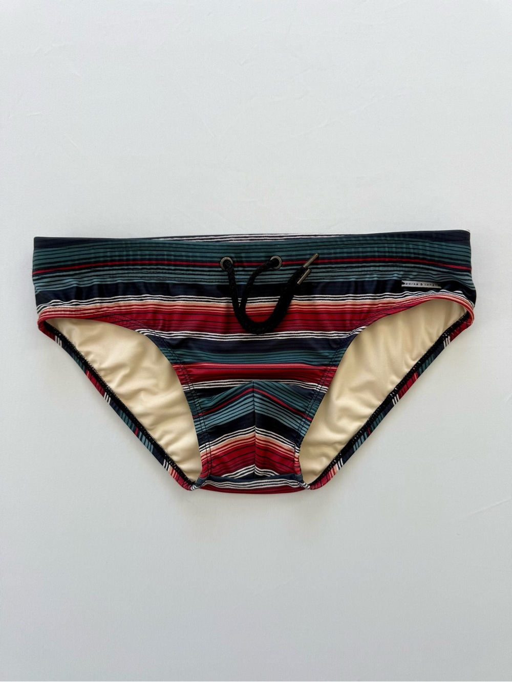 Parke & Ronen Navy, Red and Cream Striped Men's Swim Trunks